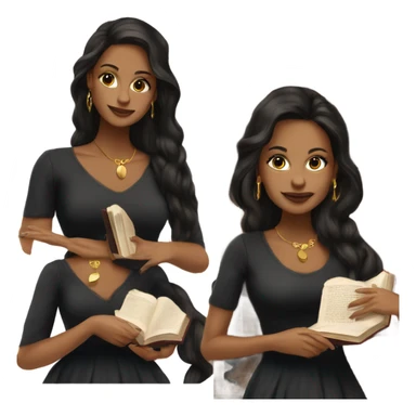 Beautiful skinny woman long dark brown hair in dark dress with gold earrings with book sticker