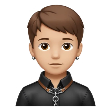 brown-haired boy, young, satisfied look, collar and leash around his neck, minimal bdsm clothing, sticker