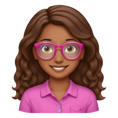 Una chica color de piel sea morena ligado con blanco ojos cafés una sonrisa 🙂 cabello largo ondulado y café camisa de color rosa y lentes de ver azules  sticker