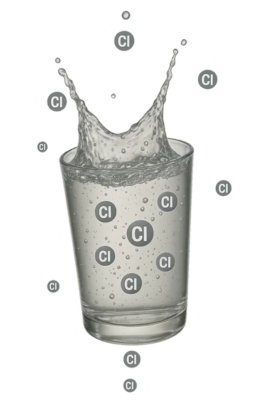 un bicchiere di acqua cade verticalmente dall'alto realistico e dettagliato, dentro l'acqua del bicchiere ci sono particelle di cloro ben visibili con la scritta "Cl" sopra, ci sono particelle anche che escono dal bicchiere e fluttuano in aria verticalmente, mentre alcune sono all'interno dell'acqua nel bicchiere, iperrealistico 4k sticker