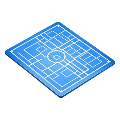 blue blueprint plan with white lines and shaded objects, isometric angle sticker