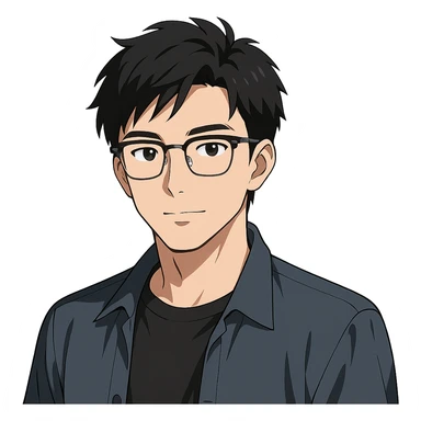 anime style Asian male, mid-20s, Ray-Ban half frame glasses sticker