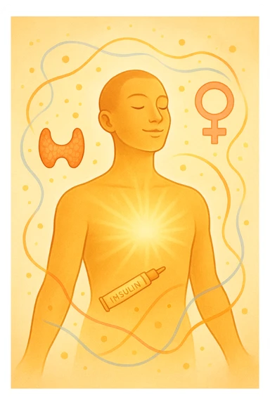  Il corpo è circondato da simboli delicati e bilanciati che rappresentano equilibrio ormonale e metabolico: piccoli cerchi, flussi energetici colorati, simboli stilizzati di tiroide, insulina, estrogeni. Pelle radiosa, postura aperta e rilassata. Atmosfera serena, colori caldi e morbidi, luce naturale dorata, sensazione di benessere totale e vitalità interiore. sticker