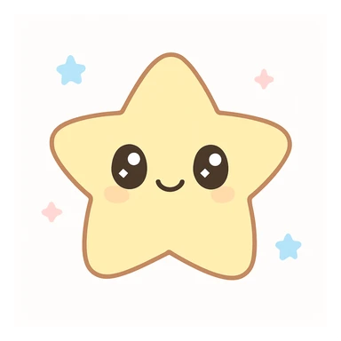 kawaii style cheerful star character, sparkly eyes, soft yellow, simple background sticker