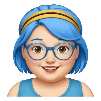 fat woman with blue hair and glassess and headband sticker