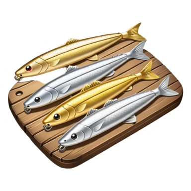 A metal lure set arranged on a wooden plank sticker