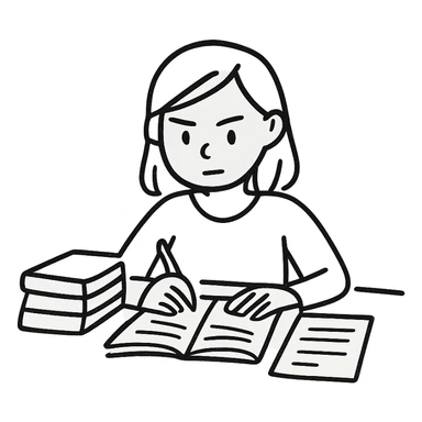A girl preparing for exams, sitting at a desk with books and notes, looking focused and determined, in a minimalist line art style. sticker