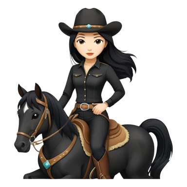 confident Asian woman with long black hair wearing black outfit riding a horse cowgirl style sticker