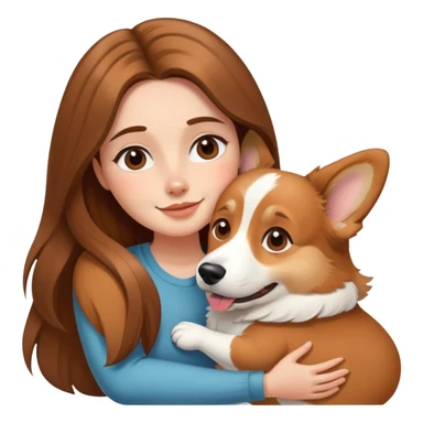 Girl with long brown hair hugs a corgi dog sticker