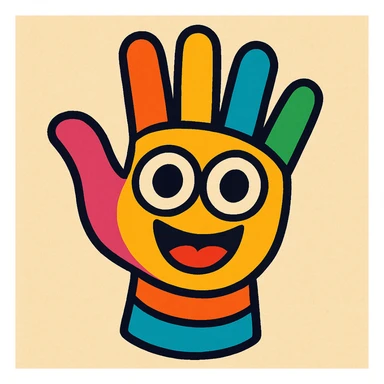 a playful cartoon style hand with eyes in the palm, colorful and lively sticker
