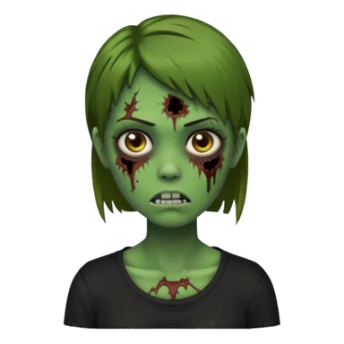 Zombie girl emoji verde com cabelo curto liso castanho no ombro com uma blusa preta sticker