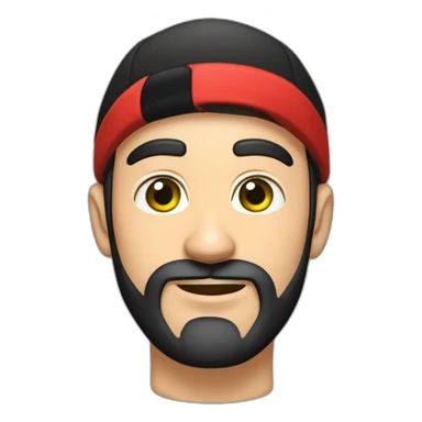 30-year-old man, dark brown beard, 10cm long, up to his nose, protruding ears, green eyes, beginning of unibrow, wearing black and red cap. sticker