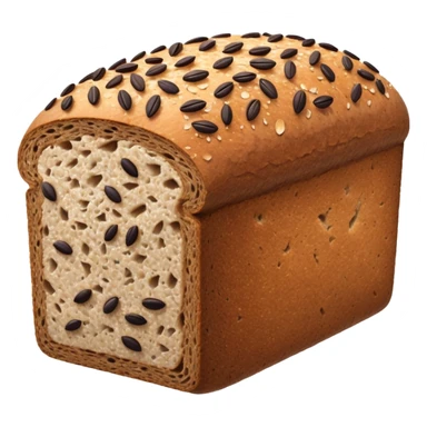 dense rectangular loaf of whole grain bread with dark brown crust, coarse textured surface speckled with seeds, slightly domed matte top, rustic hearty look, one or two thick slices beside it revealing grainy compact crumb, no plate, knife, or extras, soft lighting, subtle shadows, emoji scale sticker