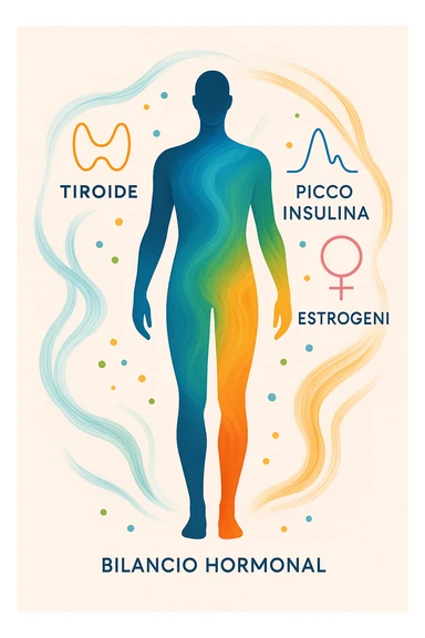 Il corpo è circondato da simboli delicati e bilanciati che rappresentano equilibrio ormonale e metabolico: piccoli cerchi, flussi energetici colorati, simboli stilizzati di tiroide, picco insulina, estrogeni. 4k immagine in italiano sticker