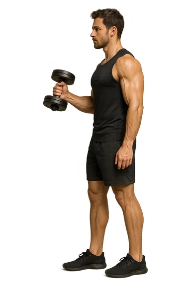 uomo fitness di profilo a figura intera con manubrio da palestra in mano, iperrealistico 4k sticker