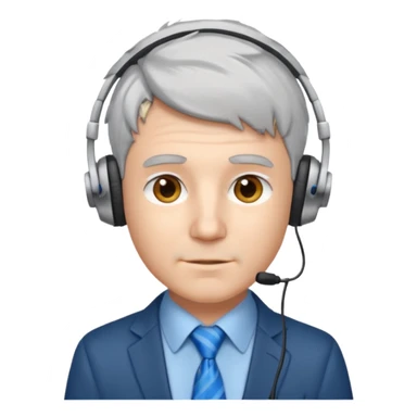 white male programmer with short messy silver gray hair, blue tie, small headphones sticker