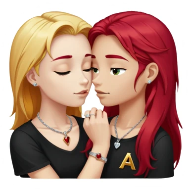 close-up of 20 year old couple kissing, girl with long cherry red hair, blonde eyebrows, gold necklace with letter A, diamond gold ring, red bracelet, boy with bright white hair wearing silver ring with black stone and dark t-shirt sticker