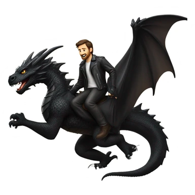Confident White Man with dark brown hair and a short beard wearing black leather jacket and pants riding on the back of a giant black dragon sticker