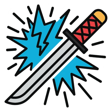 Add a burst of blue lightning radiating from the katana, with dynamic energy, no background, keep icon style consistent with lineal color icon with black outlines. sticker