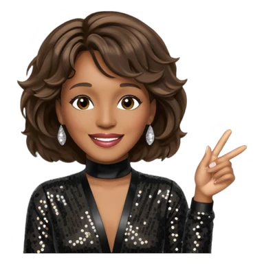Whitney Houston with dark brown hair, black sequin jumpsuit sticker