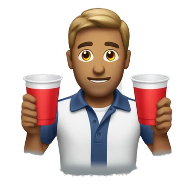 guy with 2 solo cups wearing a polo sticker