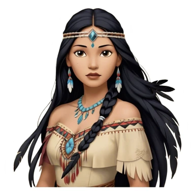 Cinematic Realistic Pocahontas Portrait, depicted with lifelike skin texture, soft natural lighting, and intricately detailed long, flowing raven-black hair that moves gracefully in the wind. Her deep, soulful dark brown eyes exude wisdom and strength, complemented by a serene yet powerful expression. She is shown gently holding a feather in one hand, her other hand resting lightly at her side, embodying the harmonious balance between nature and herself. She is dressed in her classic one-shoulder native American dress, with rich fabric textures and delicate beaded details that catch the light beautifully. The portrait features a soft, sun-kissed glow with a natural, radiant finish, capturing the essence of untamed beauty and deep connection to nature in a realistic and painterly style, evoking a sense of depth and authenticity. sticker