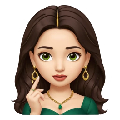 pretty bratz genmoji that looks like tamannah bhatia (bollywood actress), wearing a dark green sweetheart neckline top, dark brown hair, light makeup, no necklace, dangly earrings, side hair part, fair. dark brown eyes, long hair

Show her licking her finger  sticker