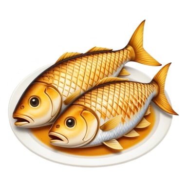 Gradele Cinematic Realistic Gradele Dish Emoji, depicted as 2 perfectly grilled fish with prominent grill marks and a smoky finish, rendered with vivid textures and dynamic, natural lighting. sticker