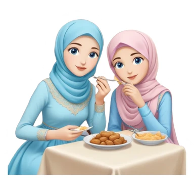 Turkish beautiful finish Konya girls blue eyes with pastel hijab long tail dress and the two friends sits on the chair on the ground and eating the food in the restaurant  sticker