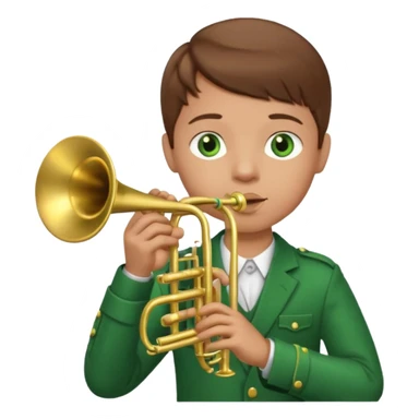 young boy with brown hair, green eyes who plays a trumpet sticker