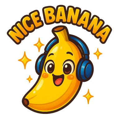 Funny cartoon banana, big happy smiling face, wearing tiny headphones, wide excited eyes, tiny sparkles around, text above: "NE BANANA", chibi style, Twitch emoji style, colorful, transparent background sticker