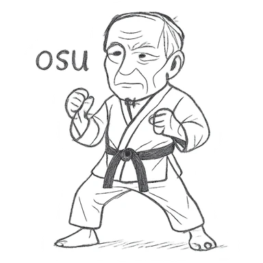 Make the Kyokushin karate fighter older with visible age lines and mature features, change the pose to the traditional 'osu' position, keep the white suit, black belt, and the word 'osu' in the same hand-drawn style. sticker