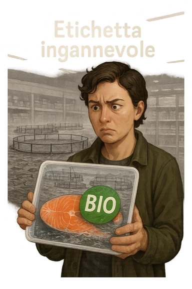 Scena in un supermercato moderno: uomo o donna tiene in mano una confezione di salmone etichettata 'BIO', con un grande bollino verde. Ma in trasparenza, dietro l’etichetta, si intravede un allevamento intensivo di salmoni in gabbie marine, acqua torbida e pesci ammassati. Espressione del cliente confusa e sospettosa. Sopra la testa, testo simbolico fluttuante: 'Etichetta ingannevole'. Colori contrastanti: confezione brillante ma realtà di fondo grigia e artificiale. Stile realistico con elementi simbolici forti sticker