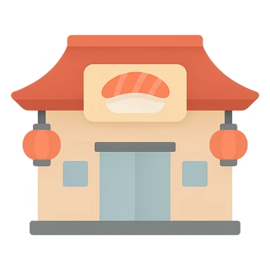 sushi house, traditional Japanese architecture, lanterns, minimalist flat icon style sticker