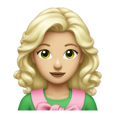 platinum blonde with green eyes wearing a pink bow with green shirt sticker