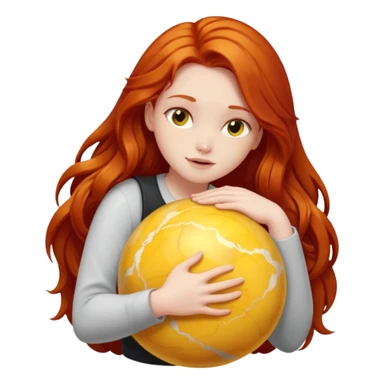 Happy long haired redhead hugging big yellow marble sticker