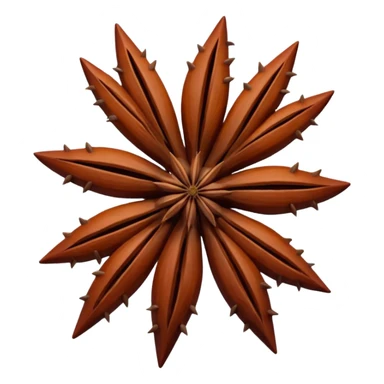 a pair or single star anise, whole, rich reddish-brown, eight sharp arms, star-shaped, smooth glossy segments, visible seeds, woody and crisp, no bowl or herbs, soft lighting, transparent background, emoji scale sticker