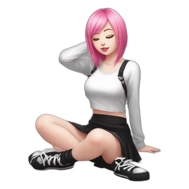 Full body Front view curvy emo girl pink hair sits on the floor straight view hands up black skirt белые трусики полосатые рваные чулки sticker