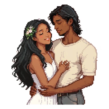 An emoji of a happy couple, the woman has long black hair and a light brown skin tone, while the man has short black hair and a white skin tone. They are in a romantic pose, expressing love and joy with warm facial expressions and affectionate gestures. sticker