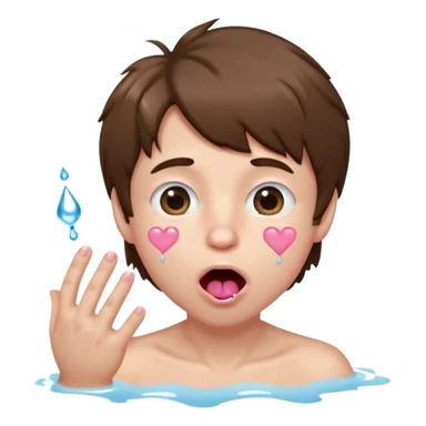 Pale Boy with shaggy brown hair, pink heart shaped eyes looking up , mouth open , water drop dripping from lips, hand grabbing at face  sticker