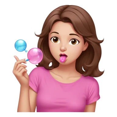 A digital illustration of a cartoon-style woman with shoulder-length brown hair, wearing a pink shirt. She is blowing a pink bubble gum bubble while playfully twirling a strand of her hair with her fingers. Her facial expression is relaxed and carefree. The background is plain white *3d emoji* sticker