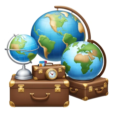 An icon featuring a suitcase, a hotel bell, and a globe, symbolizing tourism and hospitality. The design includes a scenic landmark, like a mountain or beach, and a check-in desk, representing travel and accommodation services. Transparent background sticker