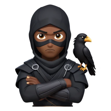 clash-of-clans-aesthetic_-cinematic-mysterious-male-ninja-portrait-emoji, rendered in a flat, vector-style with minimal shading and bold, simplified shapes, with a head slightly turned revealing intense, focused eyes. the ninja has his arm out and perched on top of his forearm is  a  giant black crow sticker