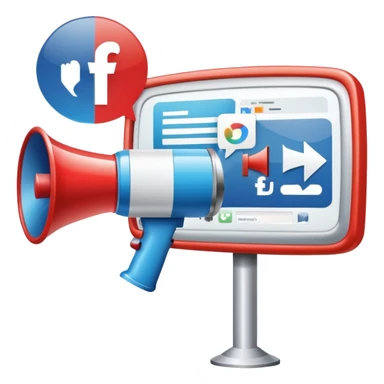 An icon featuring a megaphone, a billboard, and social media icons, symbolizing advertising and public relations. The design includes a press release and a rising graph, representing brand promotion and communication strategies. Transparent background highlights media influence and outreach. sticker