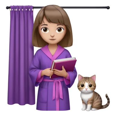 Девушка с короткими волосами до плеч русого цвета, посередине головы есть чёлка шторки, с черными бровями, карие глаза, у неё фиолетовый халат, стоит в полный рост, в руках она держит розовую книгу, а возле ноги сидит кот  sticker