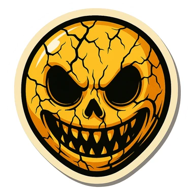 scary creepy emoji with cracks, sharp black outlines, expressive shadows and highlights, no gradients, only sharp color transitions, retro stickers style sticker