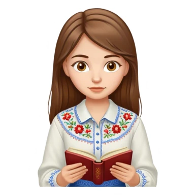 A Ukrainian girl with brown hair in an embroidered shirt reads a book sticker