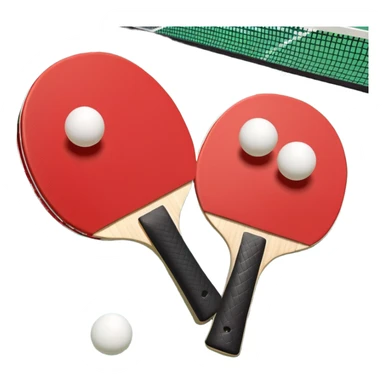 Two table tennis paddles and a ball placed on a ping pong table, with the net in the background. The scene conveys the simplicity and focus of the sport, with vibrant colors highlighting the rackets and ball on the smooth surface of the table. sticker