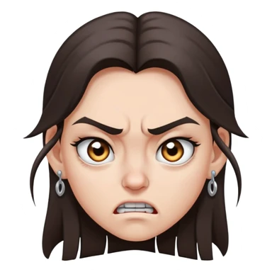 angry girl with long dark brown hair, grey eyes, nose earring on right, pierced ears sticker
