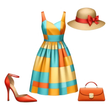 Icon for Fashion Design: a pattern of a bright, beautiful dress with measurements, a ruler, and pencil, along with a hat, shoes, and a handbag. The icon should represent fashion design with attention to detail and style. Transparent background. sticker
